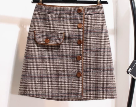 格子半身裙秋冬女A摆学院风高腰百搭a字裙毛...