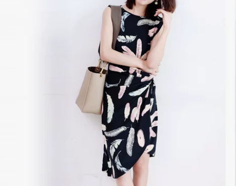 日系轻奢品牌 风情万种 腰间褶皱时尚羽毛印...