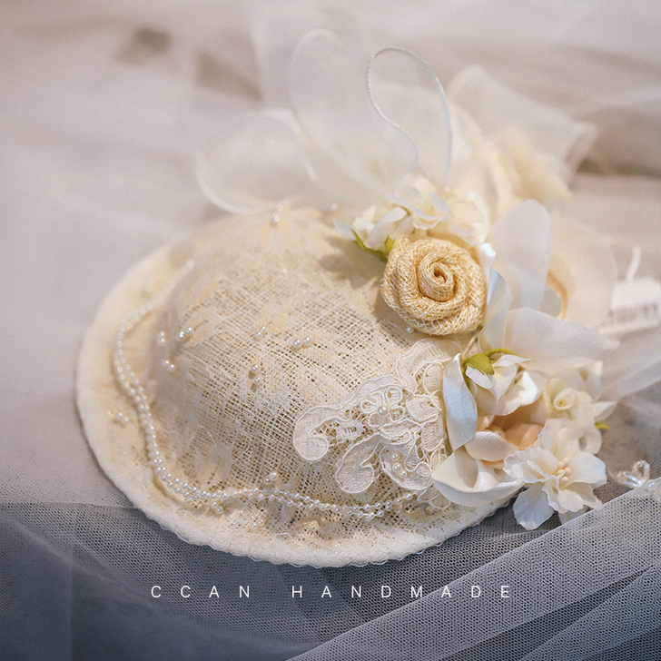 精品手工梅麻花瓣法式复古新娘礼帽森系样片写...