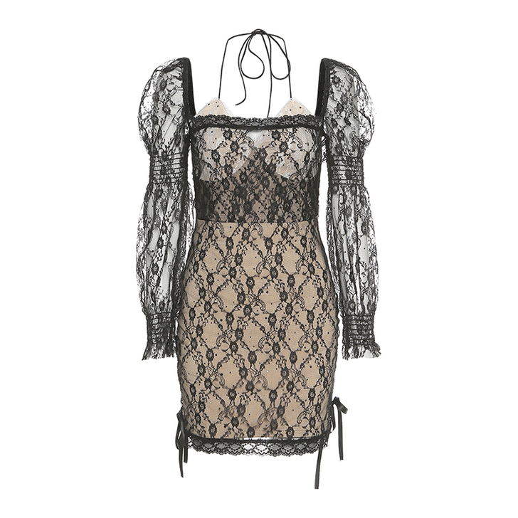 KLIOU 法式锁骨方领气质连衣裙女性感蕾...