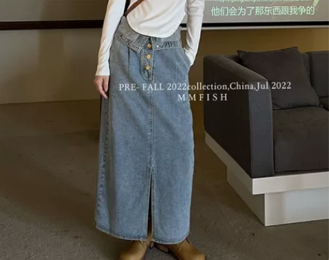 MM.FISH复古港风翻边腰头牛仔半身裙 ...