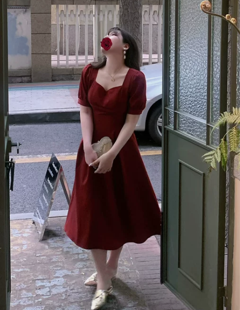 大码胖mm a字连衣裙女气质红色收腰显瘦长...