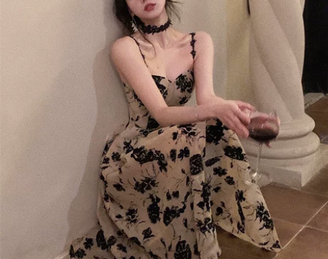 从一吊带露背连衣裙女2022新款赫本风夏高...