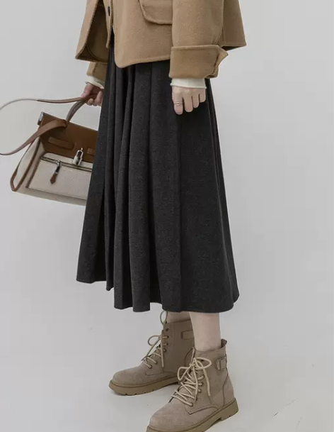 毛呢百褶半身裙女2022秋冬新款超火气质显...