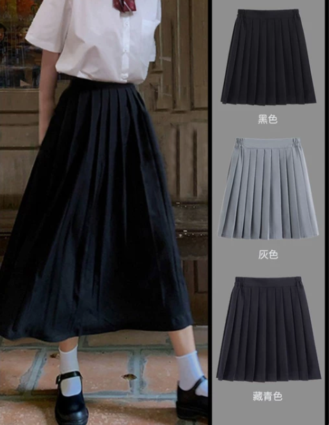 jk百褶裙学院风黑色松紧腰半身裙大码套装女...
