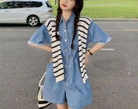 工装牛仔连体短裤女设计感小众连身裤夏季20...