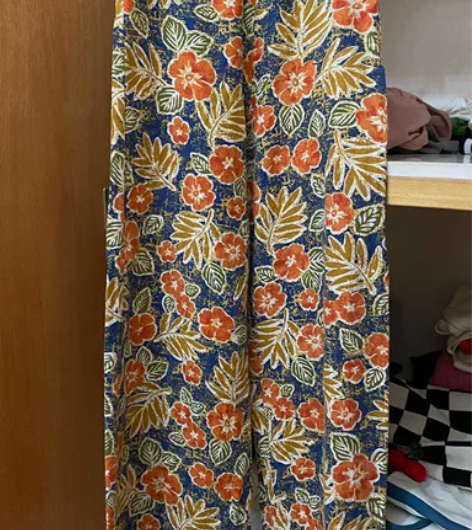 花色油画棉麻拉链九分裤长裤撞色夏季设计感时...