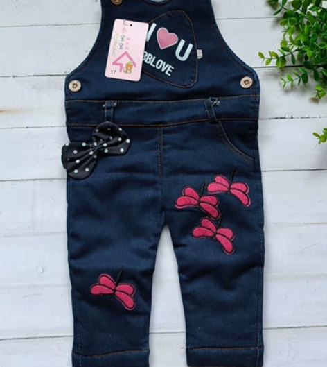 女童宝宝背带棉裤牛仔棉裤有弹力，薄棉裤，深...