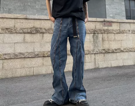 高街欧美小众拉链拼接设计感牛仔裤男宽松百搭...