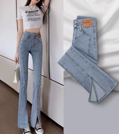 开叉牛仔裤女夏2022年新款春秋高腰显瘦阔...