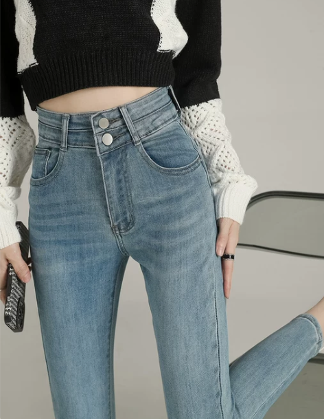 牛仔铅笔裤 铅笔复古蓝小脚裤女春秋2022...