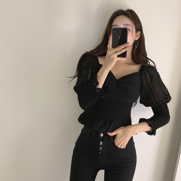 夏季韩国东大门复古气质名媛V领露肩灯笼袖蕾...