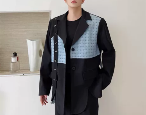 秋季炸街设计感撞色假两件西服男小众痞帅韩版...