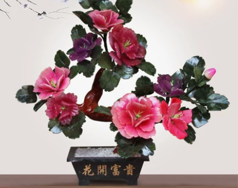 天然玉石8朵盆景牡丹花树玉器盆栽工艺品玄关酒柜客厅玉雕摆件 ...