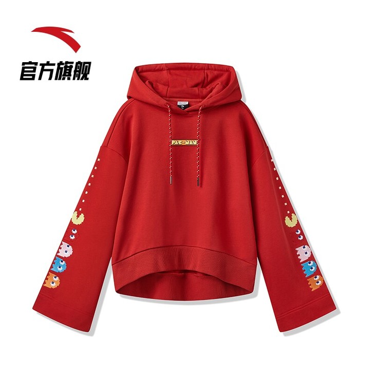 安踏卫衣女秋刺绣宽松短款卫衣套头连帽上衣学...