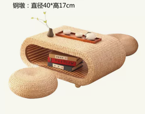 藤编榻榻米茶几日式椭圆实木地台炕桌茶桌田园草编飘… 只限自提...