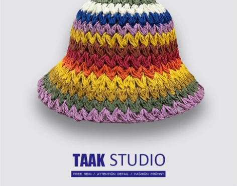 彩虹草帽子女夏季日系出游防晒遮阳渔夫帽草编...