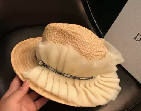 春夏蕾丝新款时尚小众设计拉菲草遮阳度假沙滩...