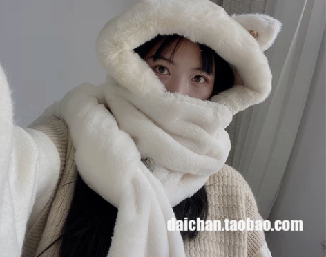 推荐秋冬女仿兔毛加厚小耳朵帽子围巾一体雷锋...