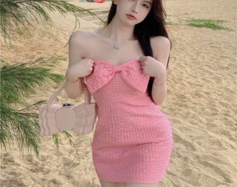 纯欲风蝴蝶结抹胸连衣裙女夏季粉色甜辣性感裙...