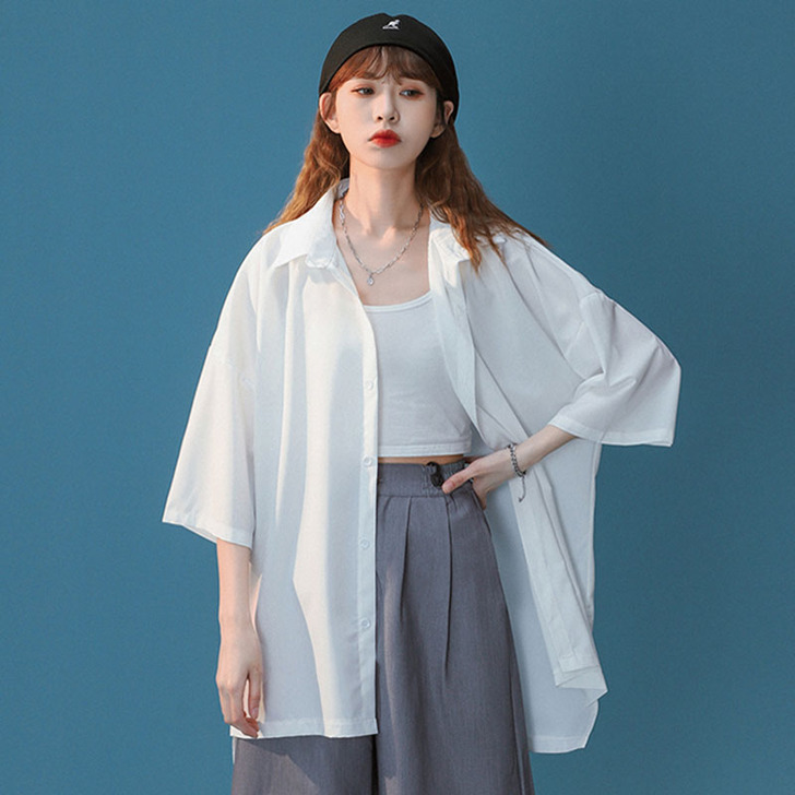 【55盛典价】素色冰丝短袖衬衫女夏季薄款设...