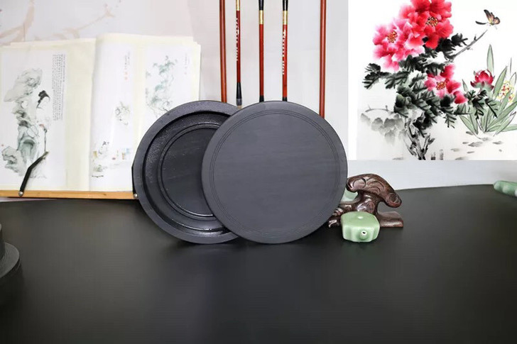 4寸罗纹砚带盖砚台 学生砚台毛笔书法国画研...