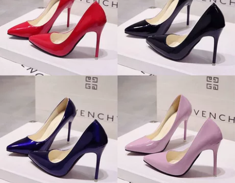 欧洲站裸色细跟高跟鞋尖头黑色工作单鞋女漆皮...