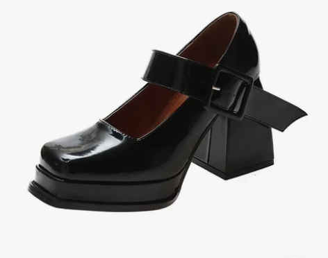 春夏新款玛丽珍鞋女高跟法式一字带复古粗跟漆...