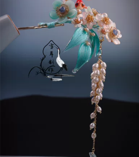 原创多宝天然石金鱼簪玉簪花蝶贝发簪汉服配饰...