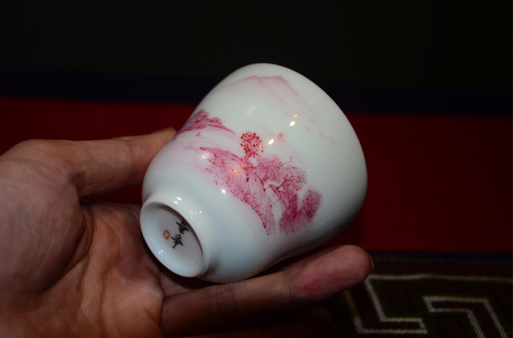 無争堂宝石红山水手绘陶瓷茶具主人杯玉泥为胎...