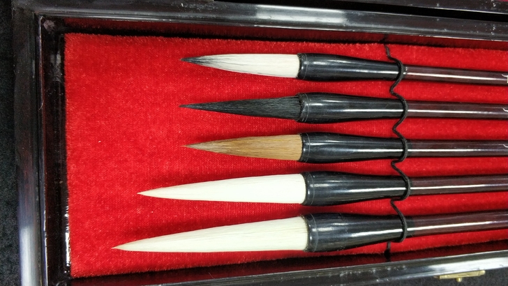 老宣笔库存,很好的一套毛笔五支:福禄寿喜庆...