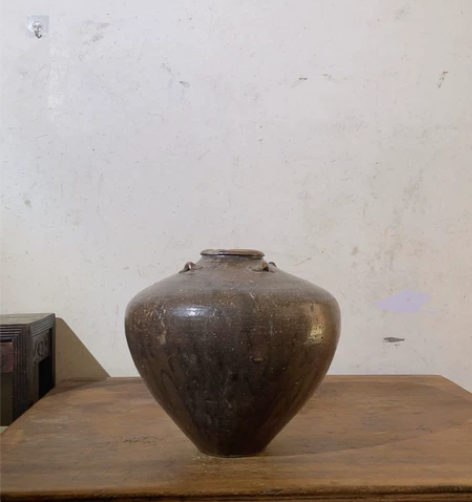 民俗粗陶，花器，流釉，四系完整，影视道具，...