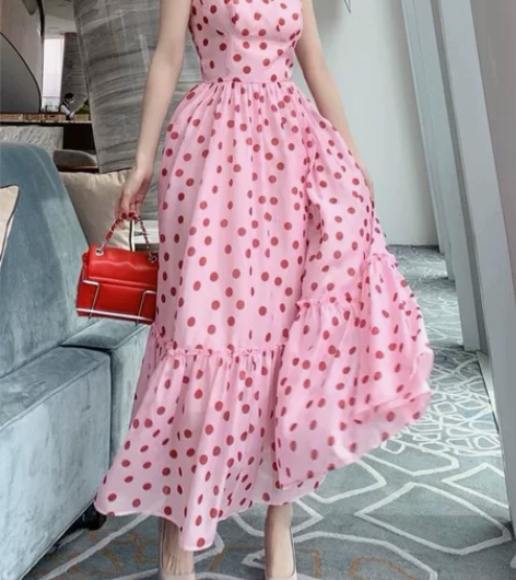 粉粉波点法式仙女长裙，包邮！商场600入，...