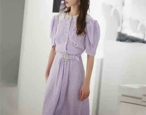 金晨明星同款紫色波点气质泡泡袖连衣裙女收腰...