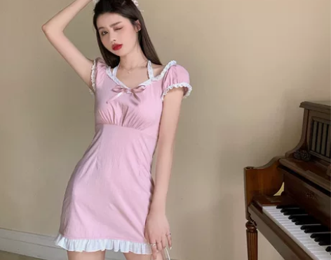 蕾丝粉色少女吊带连衣裙收腰显瘦法式裙子夏季...