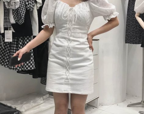 2021夏季短袖蕾丝系带收腰显瘦包臀性感白...