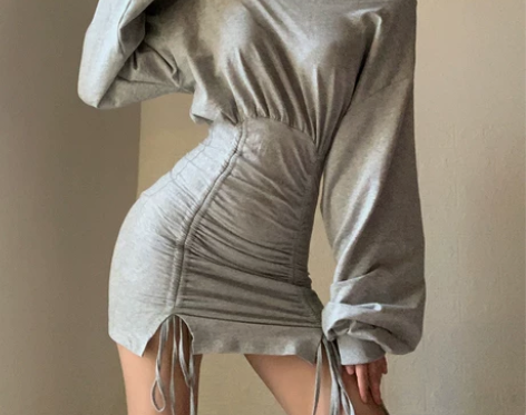 自制抽绳绑带设计包臀裙欧美ins性感一字肩...