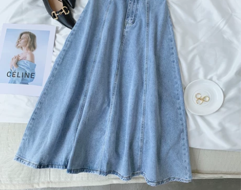 超遮肉！松紧腰！牛仔半身裙女中长裙百褶显瘦...