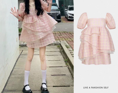 粉色泡泡袖蓬蓬裙女夏新款法式方领设计感甜美...