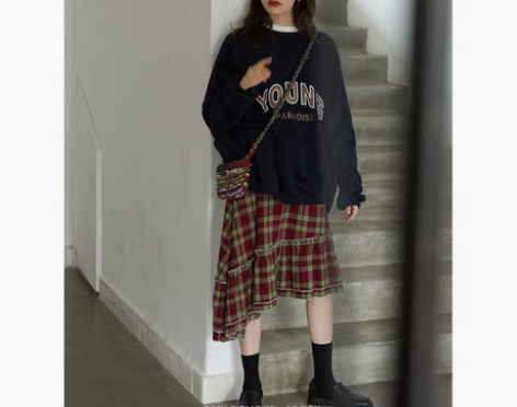 格子不规则蛋糕裙女春夏a字高腰复古半身裙中...