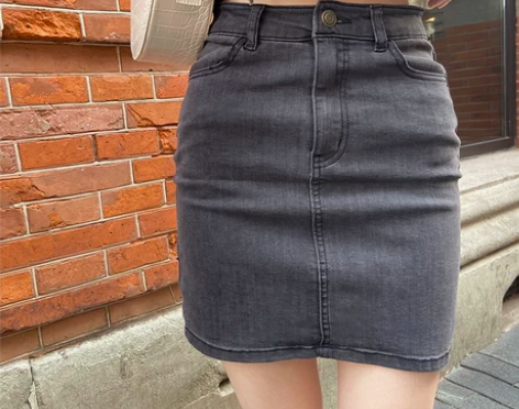 秋冬黑灰色高腰高弹包臀修身直筒显瘦牛仔半身...