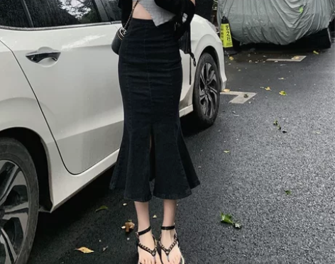 牛仔开叉半身裙女2021夏季新款高腰中长款...