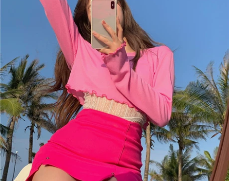 玫粉色牛仔半身裙女风高腰显瘦气质开叉性感a...