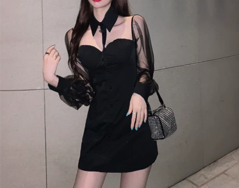 蹦迪女装性感黑色小众设计感一字露肩挂脖包臀...