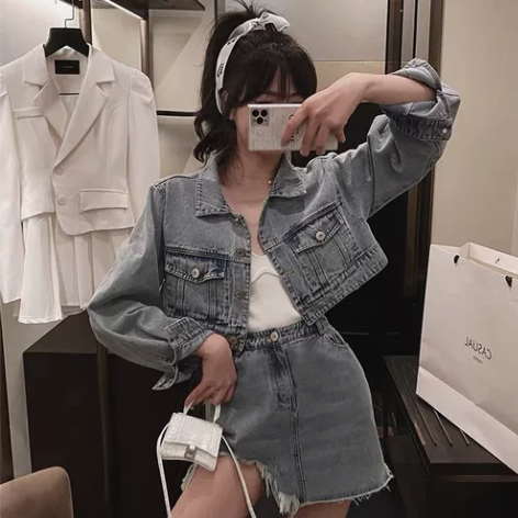 N MIMIFACE牛仔套装女春秋宽松短款...