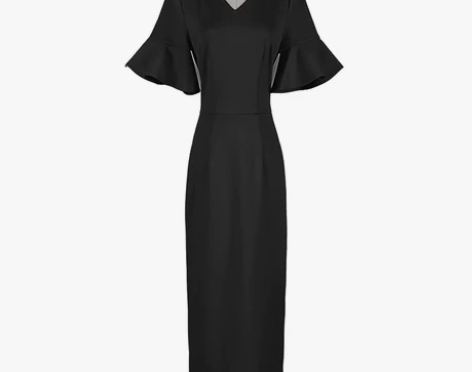 早秋喇叭短袖V领纯色简约高腰包臀职业装轻熟...