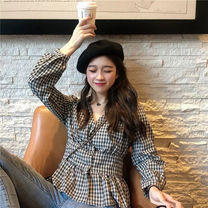 雪纺衫格子衬衫女设计感小众轻熟长袖防晒复古...