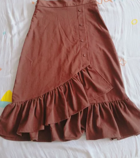 春夏港味复古纽扣不规则荷叶边半身裙中裙慵懒...