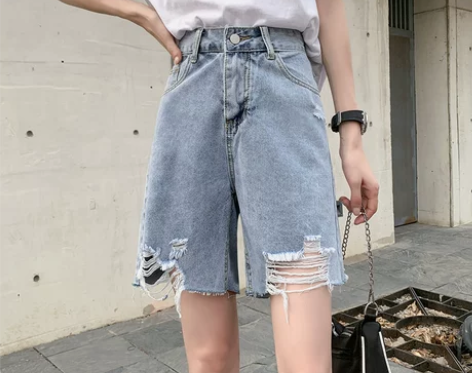 破洞五分牛仔短裤女夏季薄款2021年新款宽...