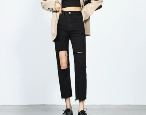 黑色破洞牛仔裤女2021年新款九分直筒宽松...
